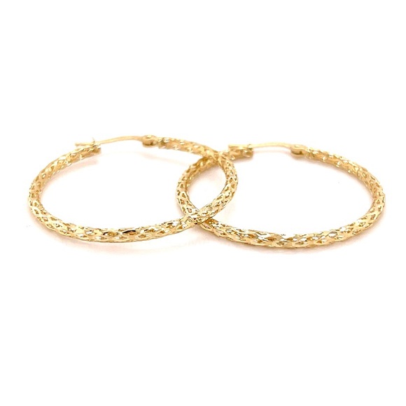14K Yellow Gold Diamond Cut Hinged Hoop Earrings - Picture 7 of 8
